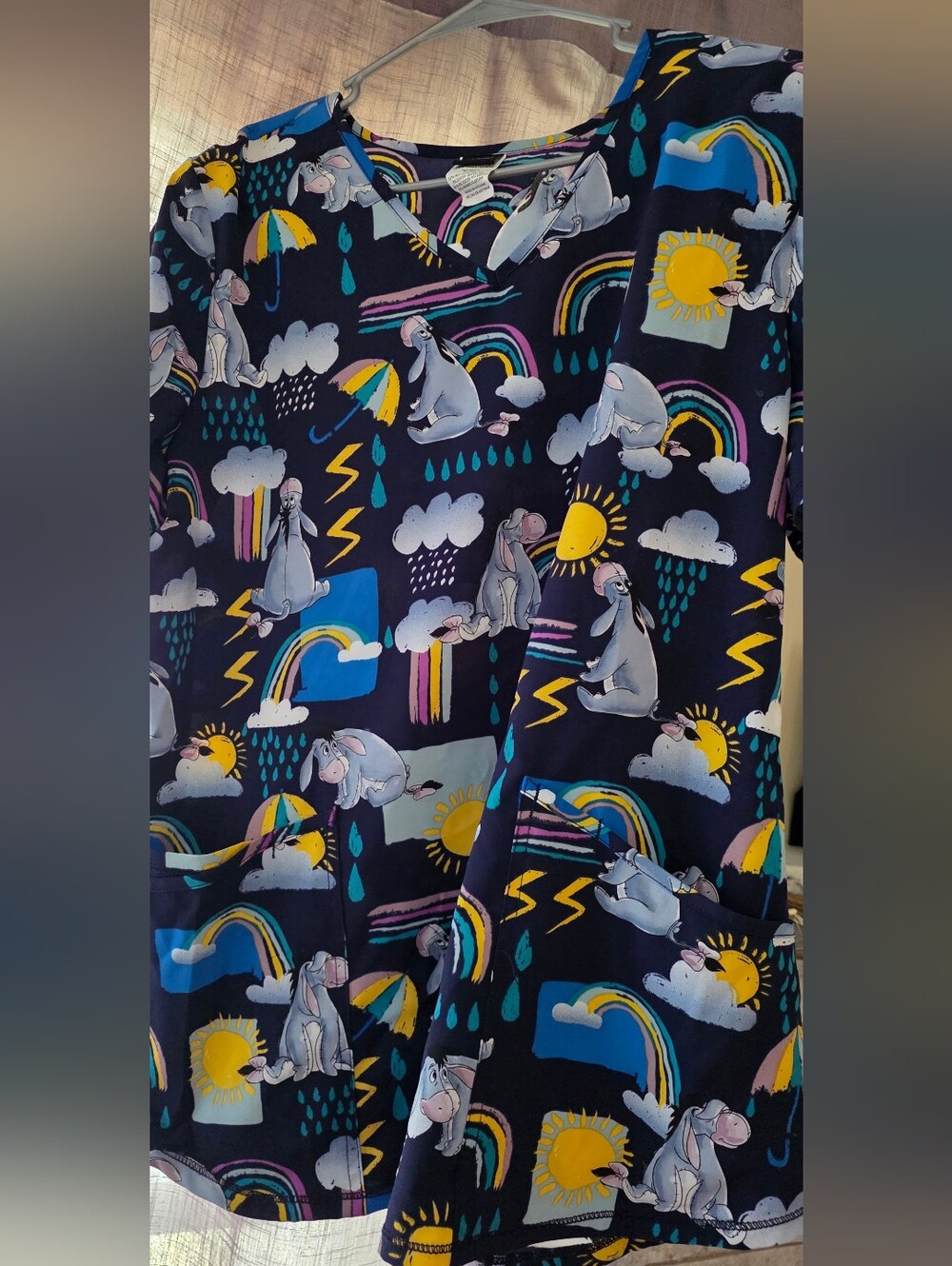 Disney Navy Eeyore Rain & Rainbow Scrub Top